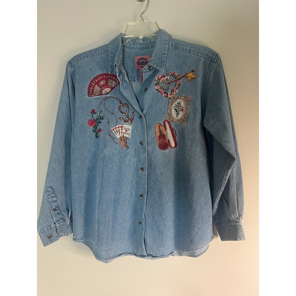 Vintage Cambridge Country Store Embroidered Denim Shirt Novelty Light Wash Large